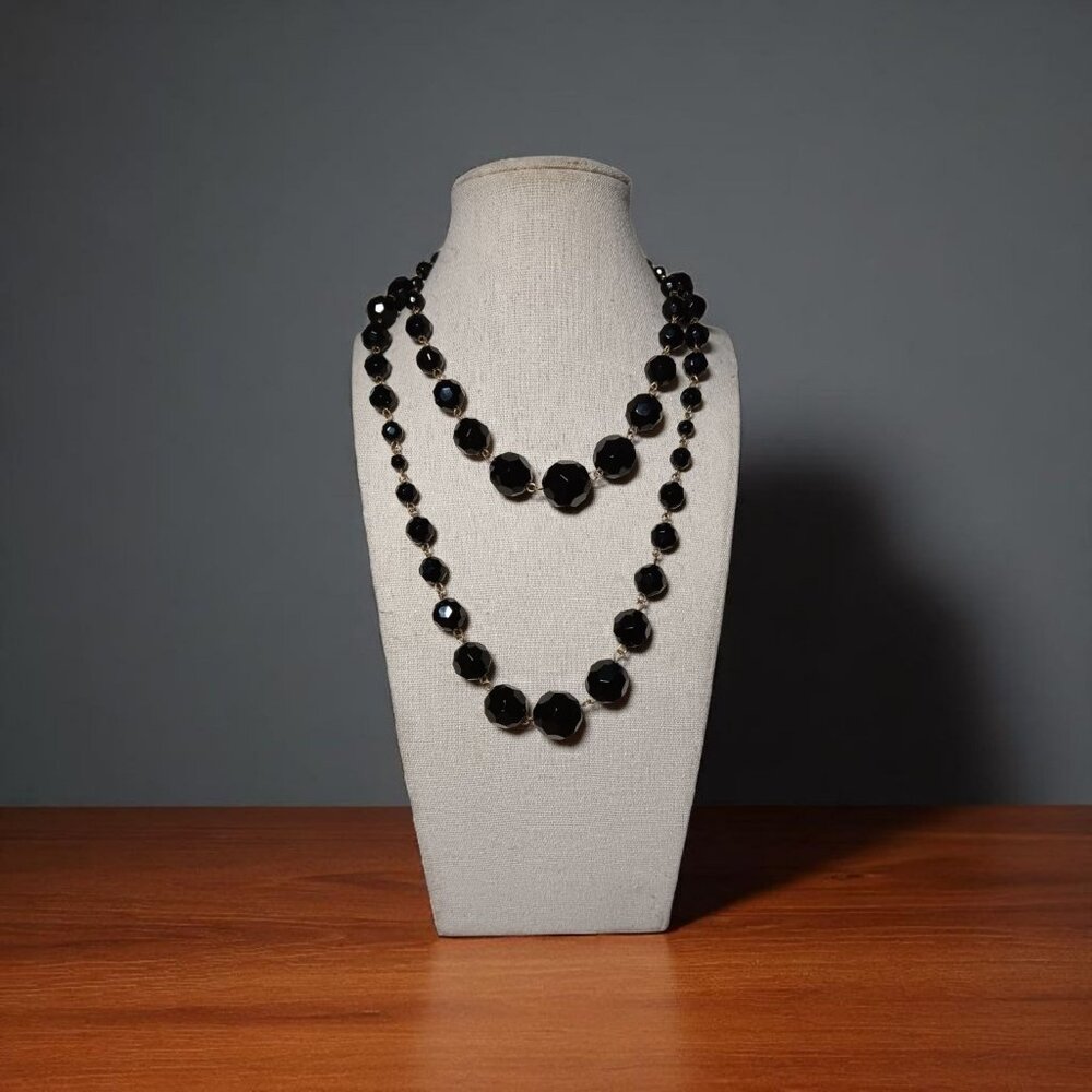 Necklace Long Heavy Faceted Jet Black Graduated Bead Rosary Style Chain Link 36"
